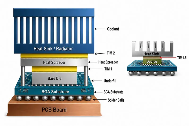 Visual comparison of five polymer-based TIM formats: thermal grease, thermal gel, phase-change material, thermally conductive adhesive, and thermal pad, showing their physical form factors